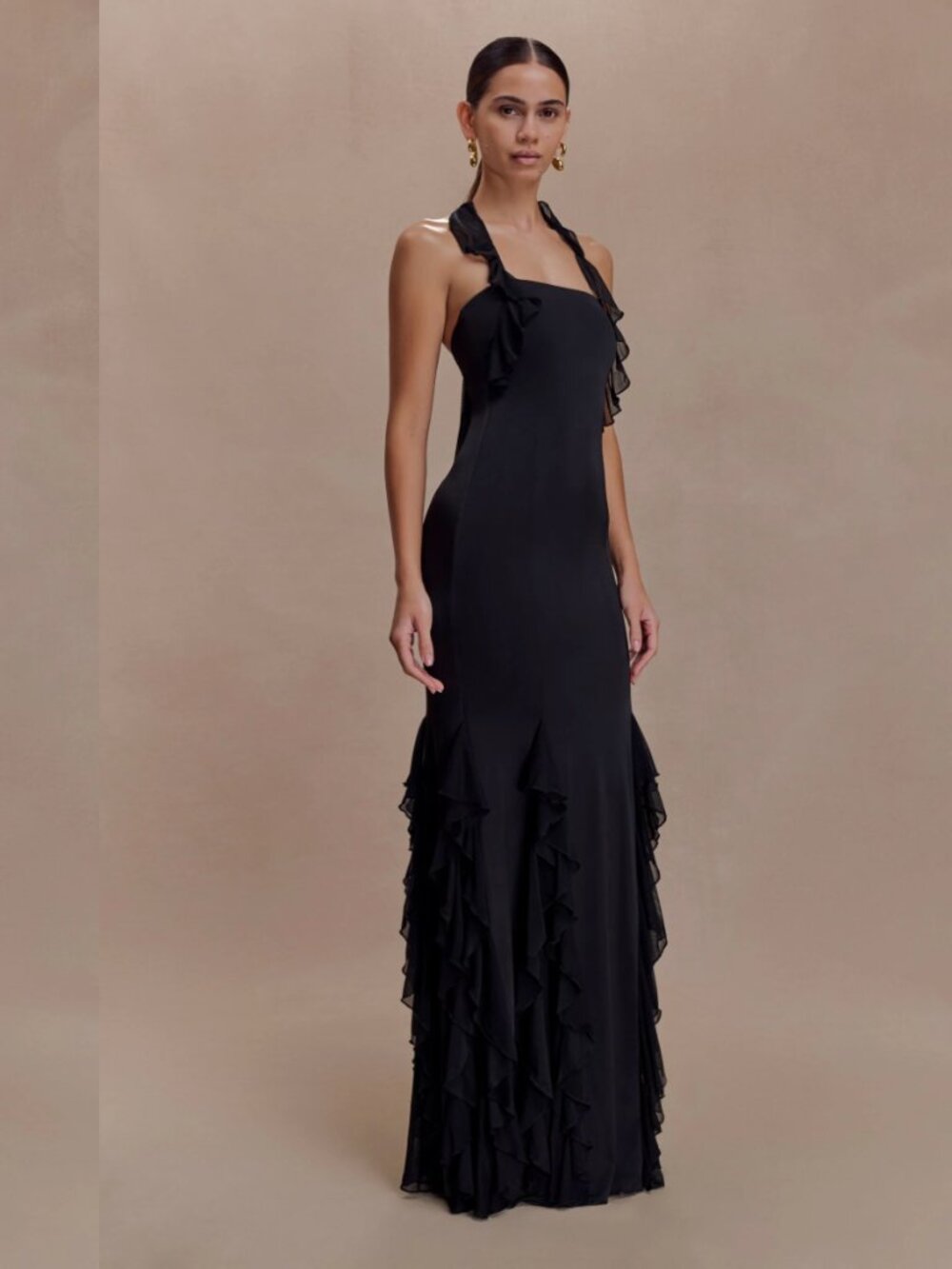 MESHKI Etta Ruffle Slinky Maxi Dress, Black, M - Picture 4 of 8